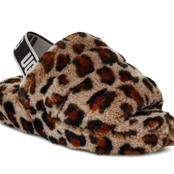 RARE Ugg Fluff Yeah Genuine Shearling Slingback Sandal Leopard Amphora - Picture 3 of 3